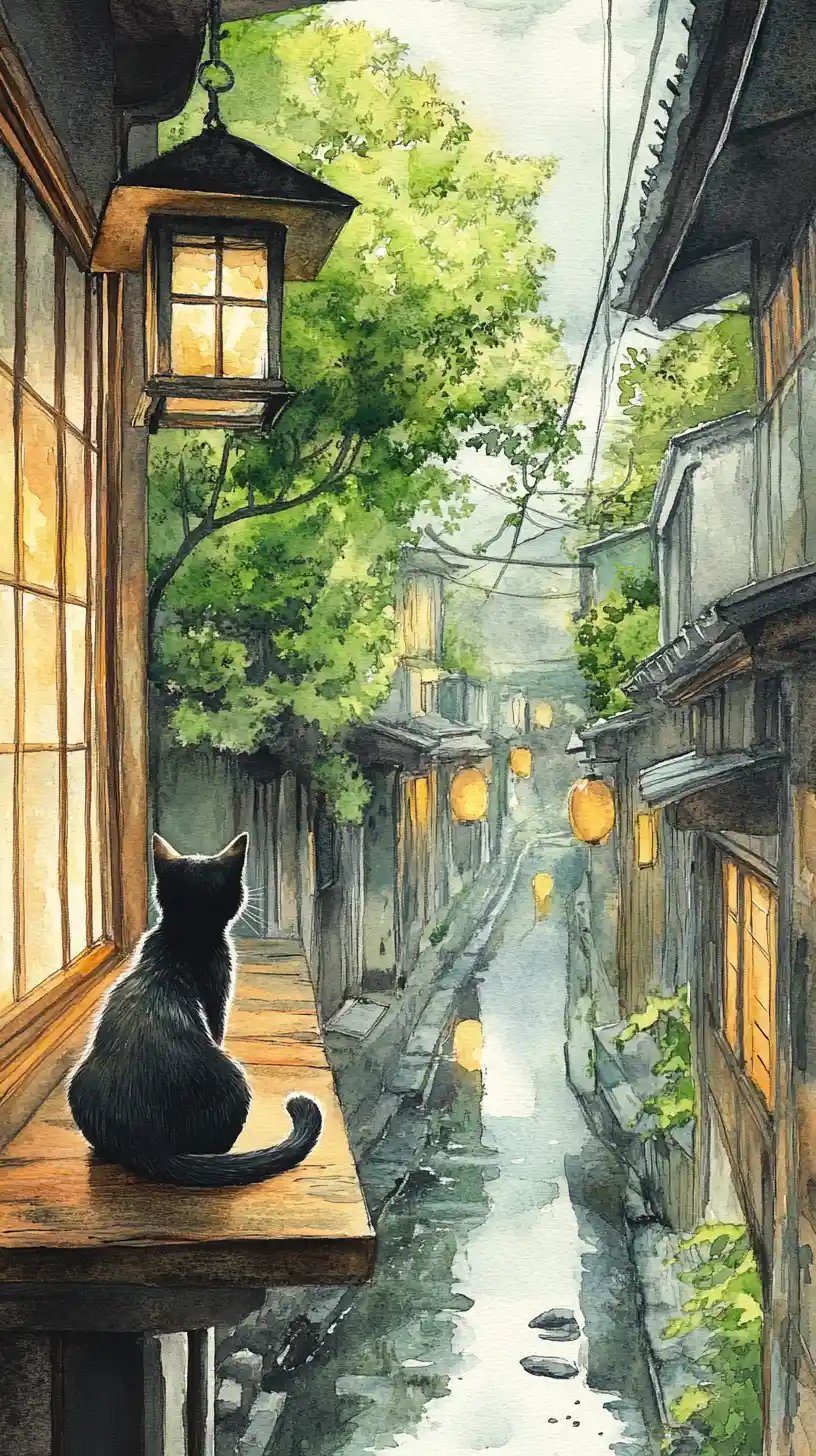 Black cat on a wooden windowsill in rainy Japanese alley
