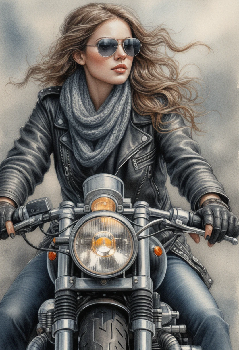 Woman riding a vintage motorcycle toward the viewer
