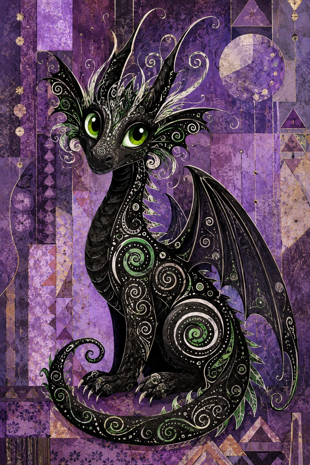 Playful black dragon with neon green eyes on purple