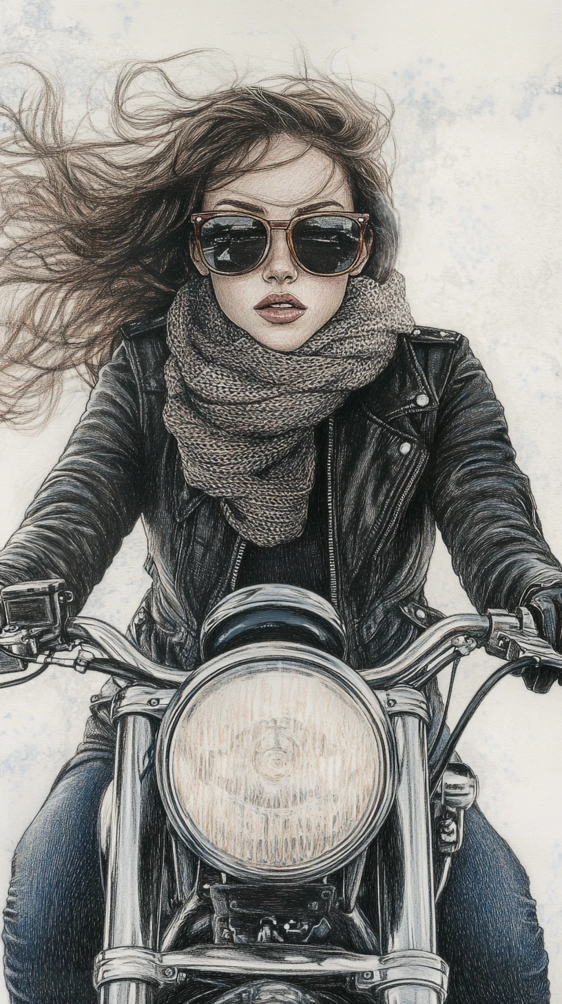 Confident biker woman riding toward the viewer in ink illustration