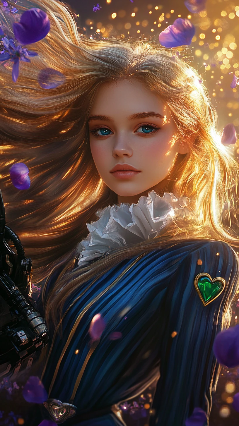 Blonde anime girl with robotic arm in glowing petals