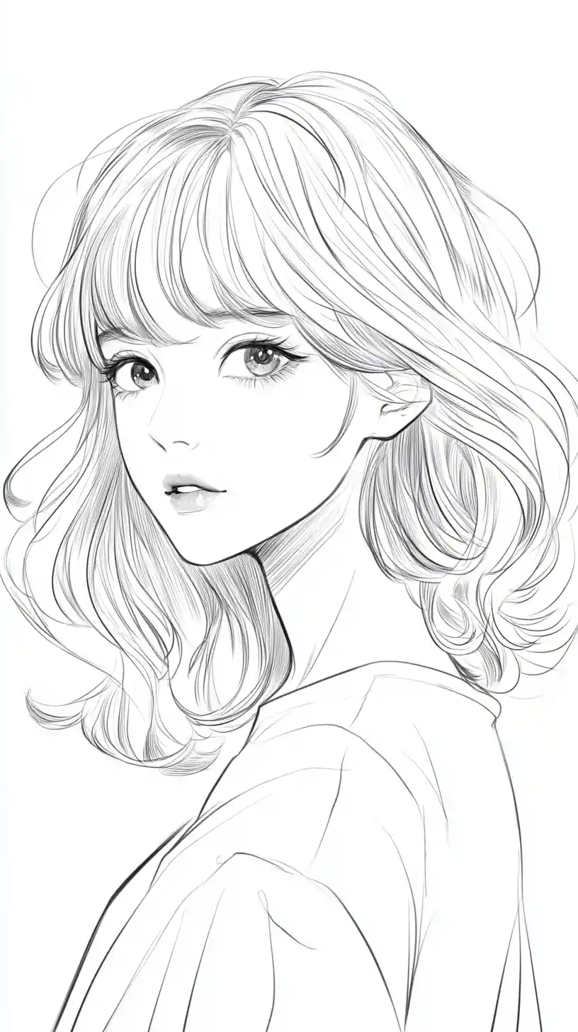 Close up line art portrait of a young girl face