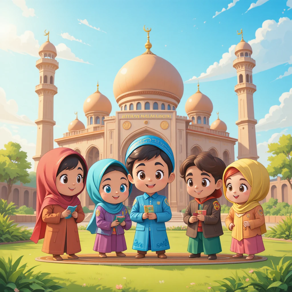 Happy Muslim children learning together by a colorful mosque