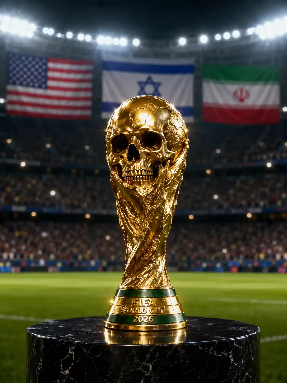 Golden world cup trophy with skull on soccer field