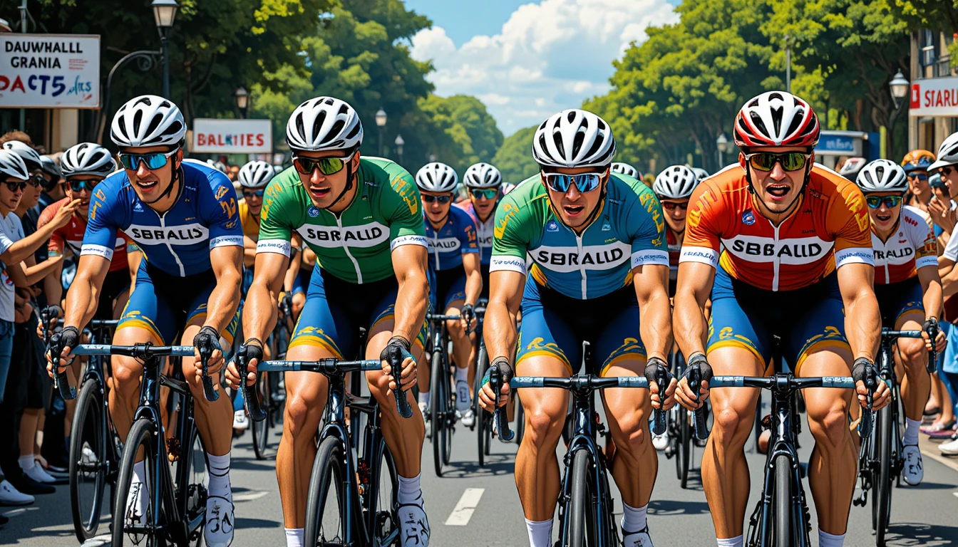 Male cyclists racing on a city road in bright daylight