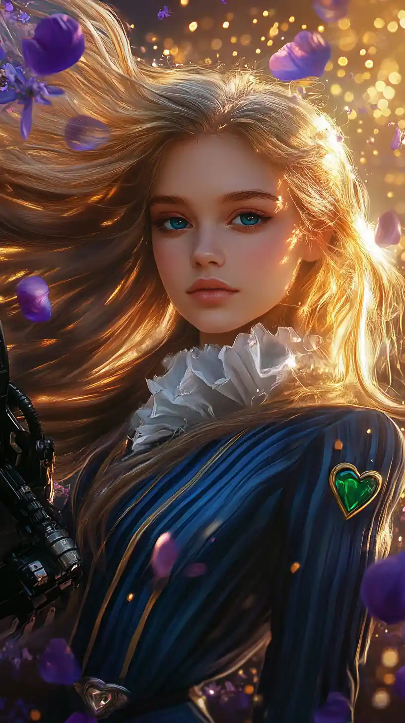 沐浴在發光花瓣中的金髮機械臂動畫少女