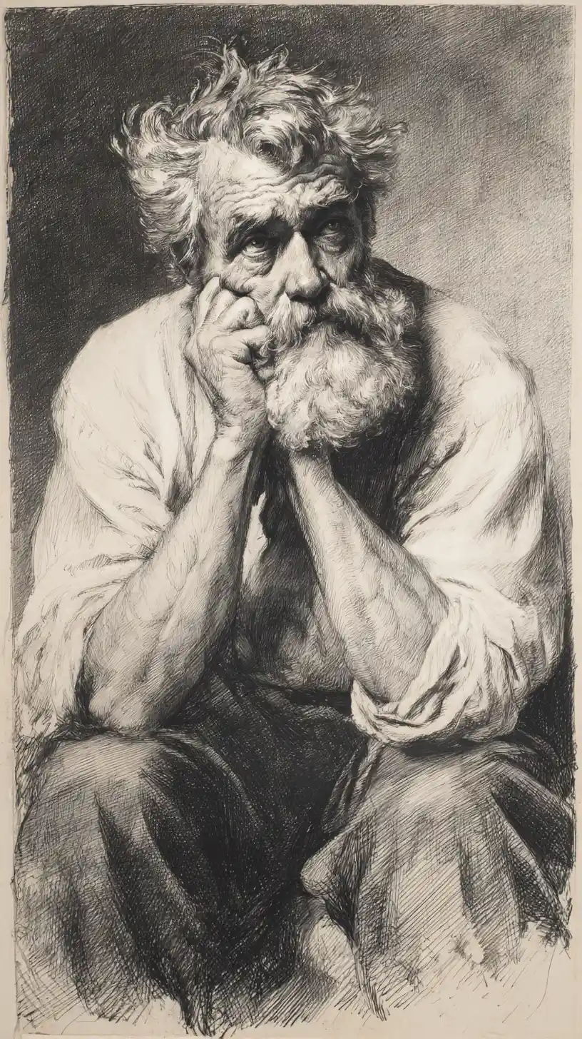 Charcoal portrait of an old man in pensive seated pose