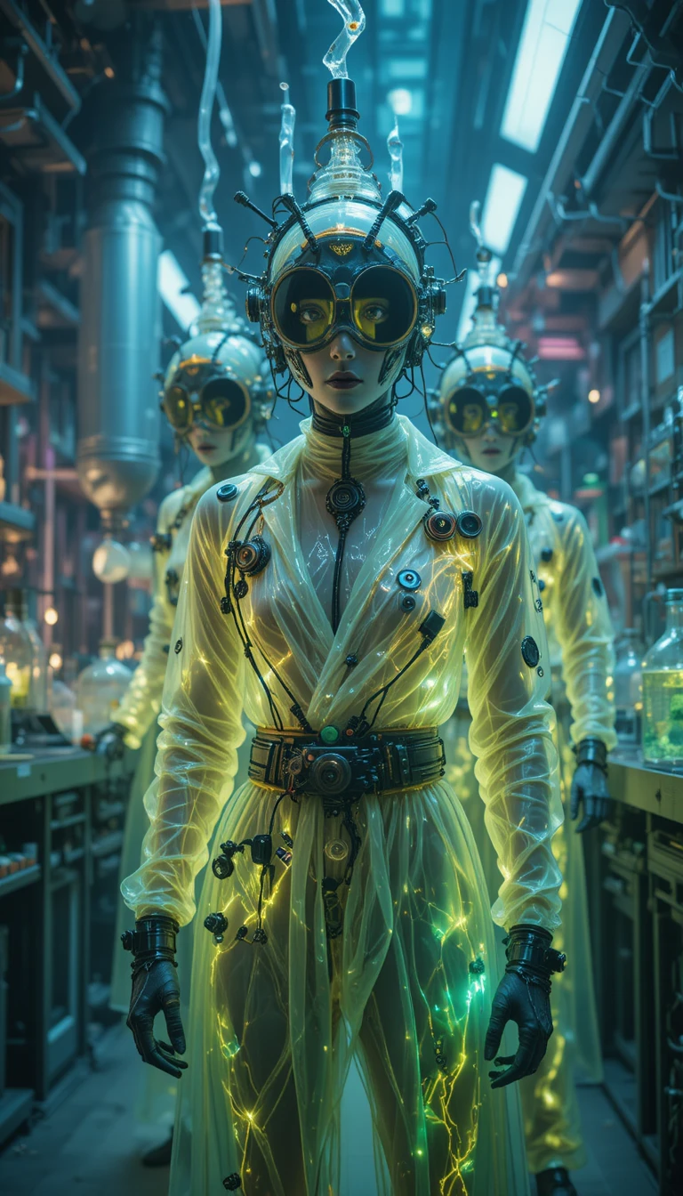 Bioalchemist scientists in surreal alien biotech laboratory