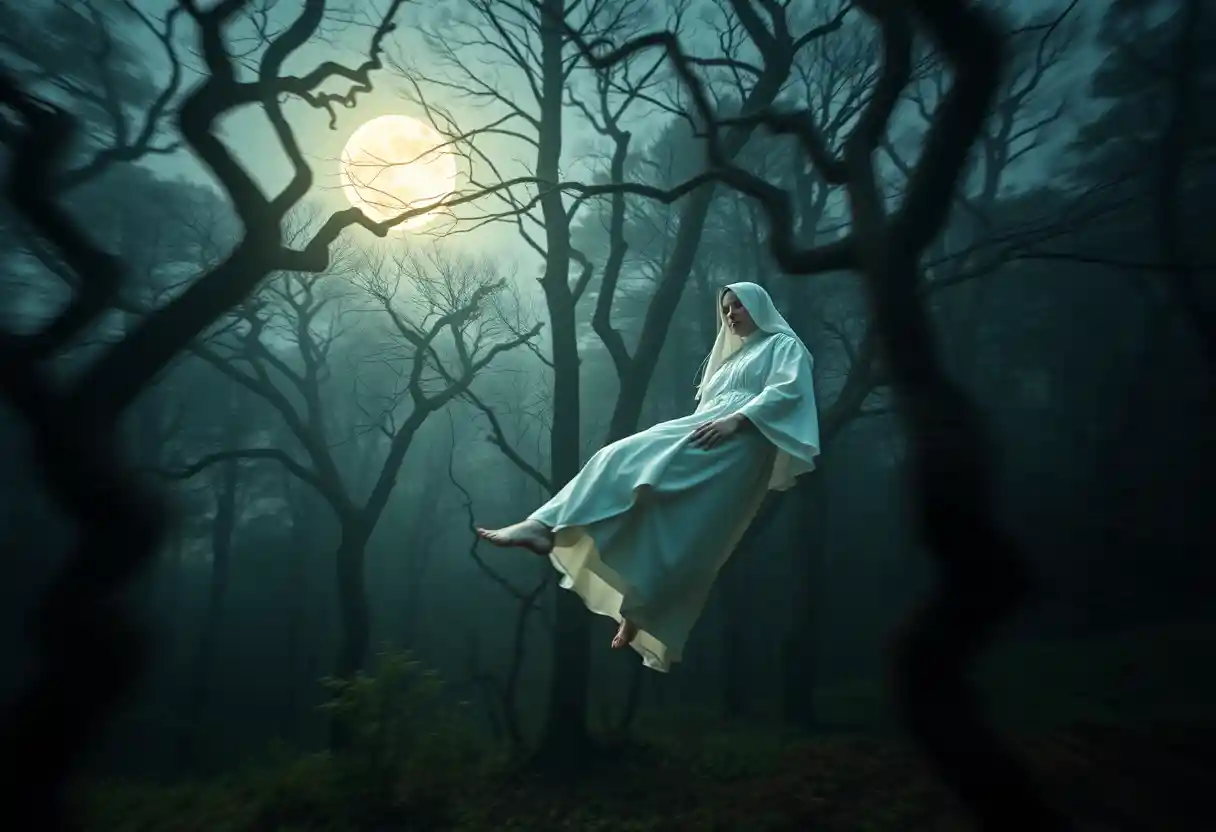 Mystical nun floating peacefully under the moonlit forest