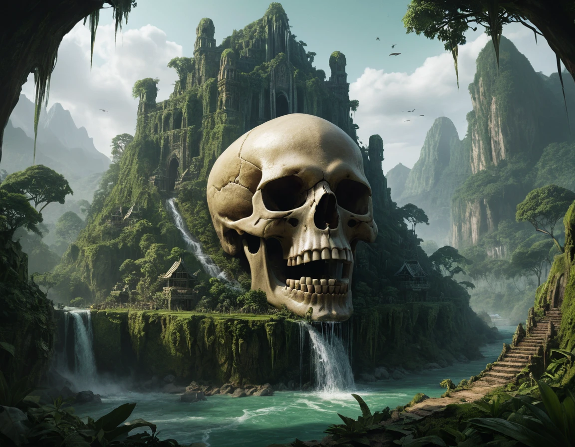Gigantic skull mountain rising from a lush fantasy jungle