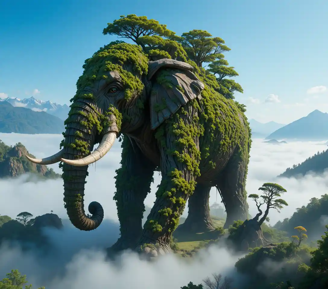 Colossal living tree elephant guardian above misty forest