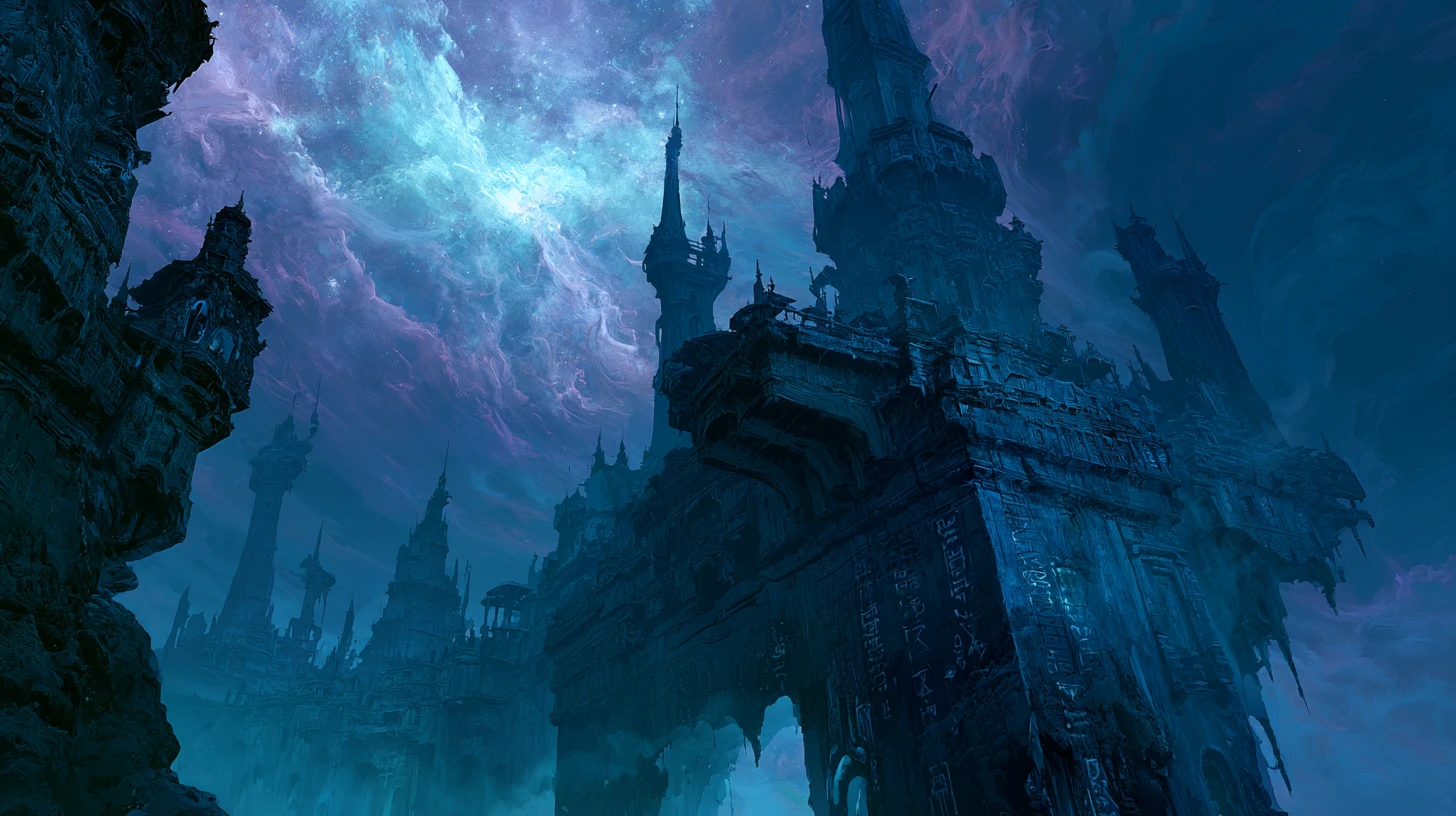 Ancient ruined city on the edge of a cosmic abyss
