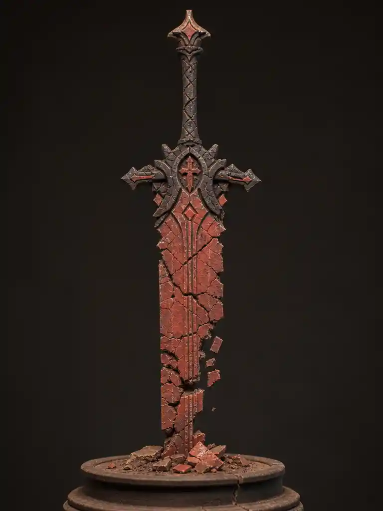 Cracked Clay Sword On Pedestal Under Dramatic Spotlight