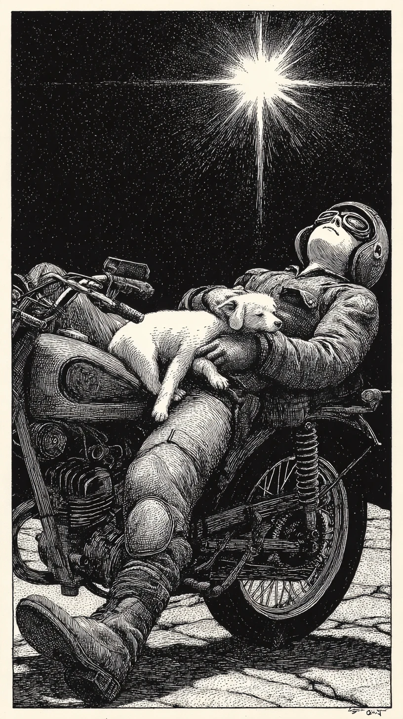 Tired rider sleeping on a vintage motorcycle with puppy