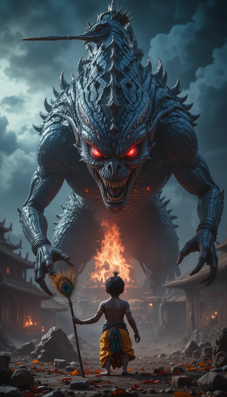 Terrifying crane monster attacking divine child in stormy sky