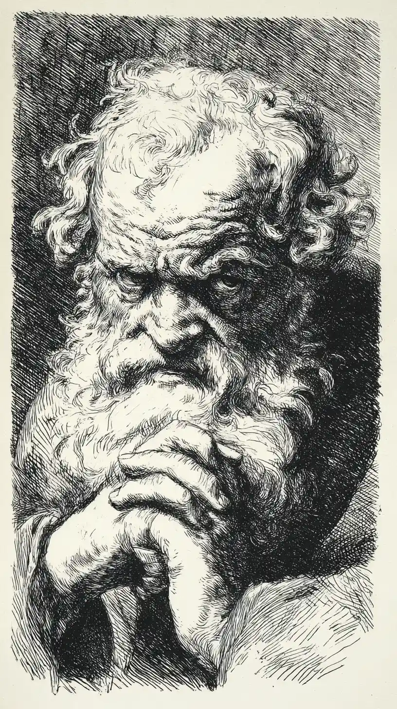 Engraved portrait of a thoughtful old man in deep reflection