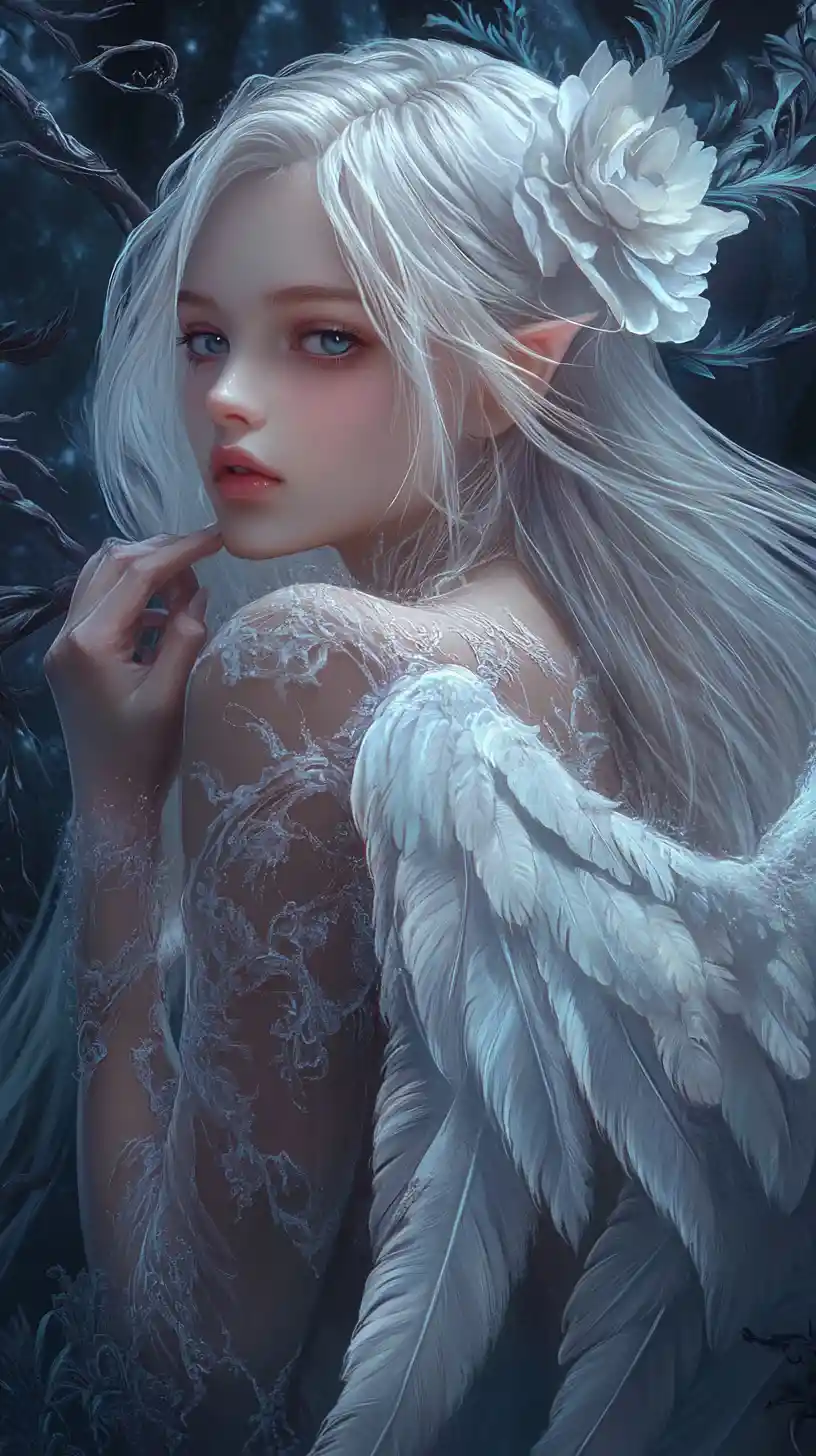 Melancholic Anime Angel With White Hair And Lace Gown