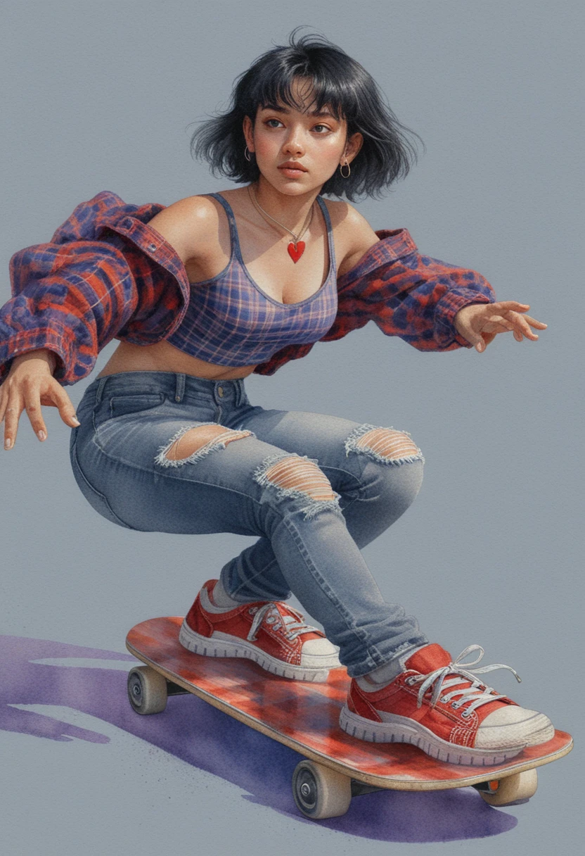 Young woman skateboarding in dynamic low angle pose