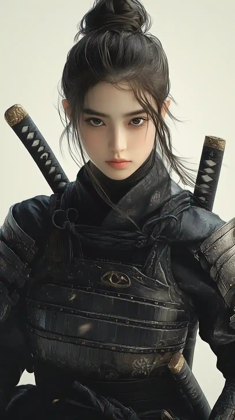Calm female samurai in tactical pose in light studio