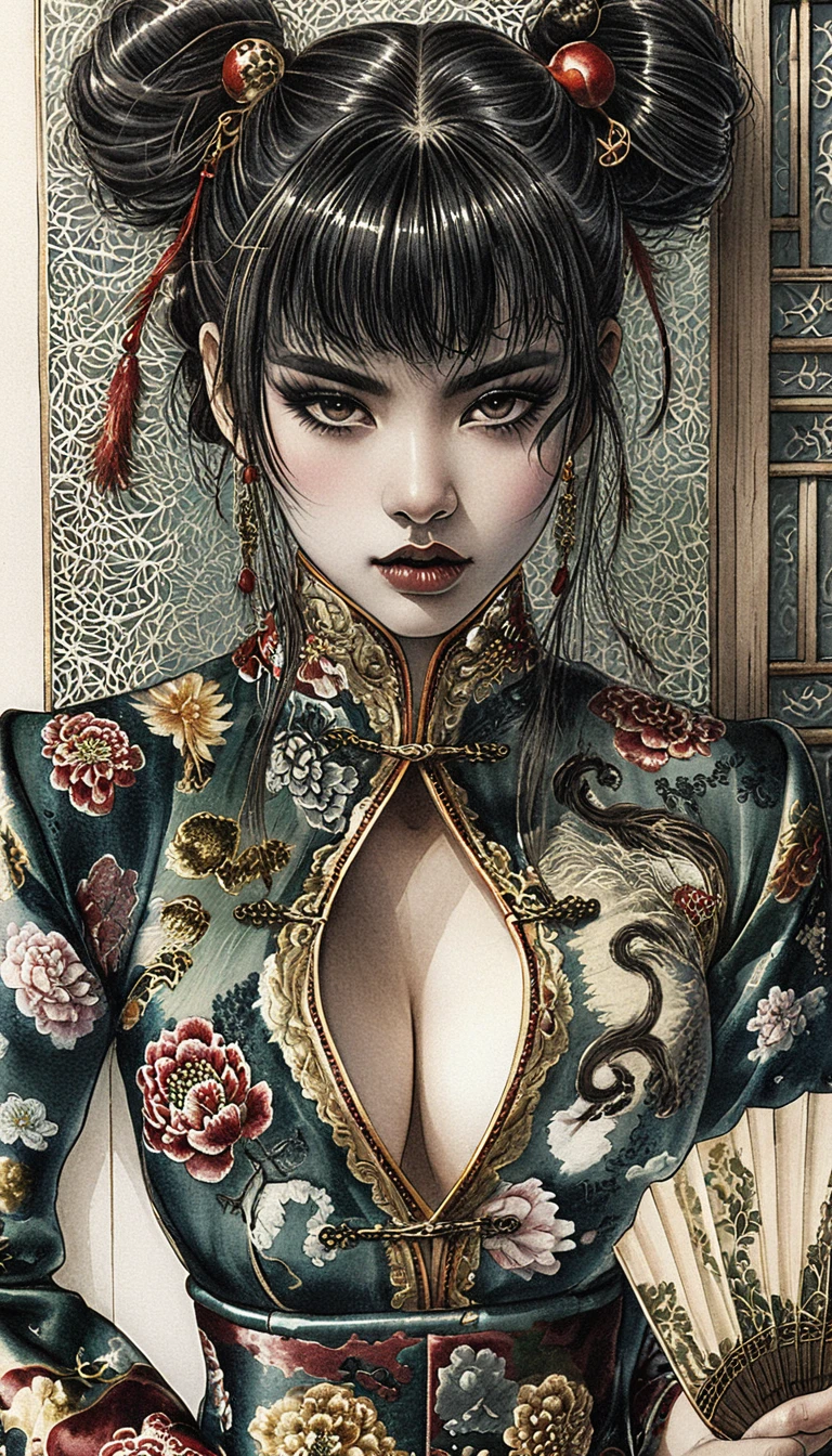 Dark fantasy woman in emerald cheongsam with fan