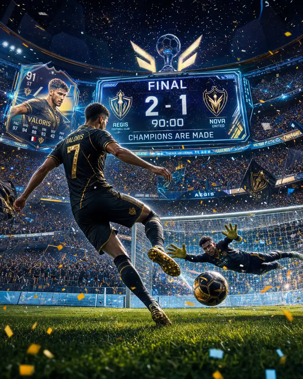 Heroic soccer goal in a futuristic stadium packed with fans