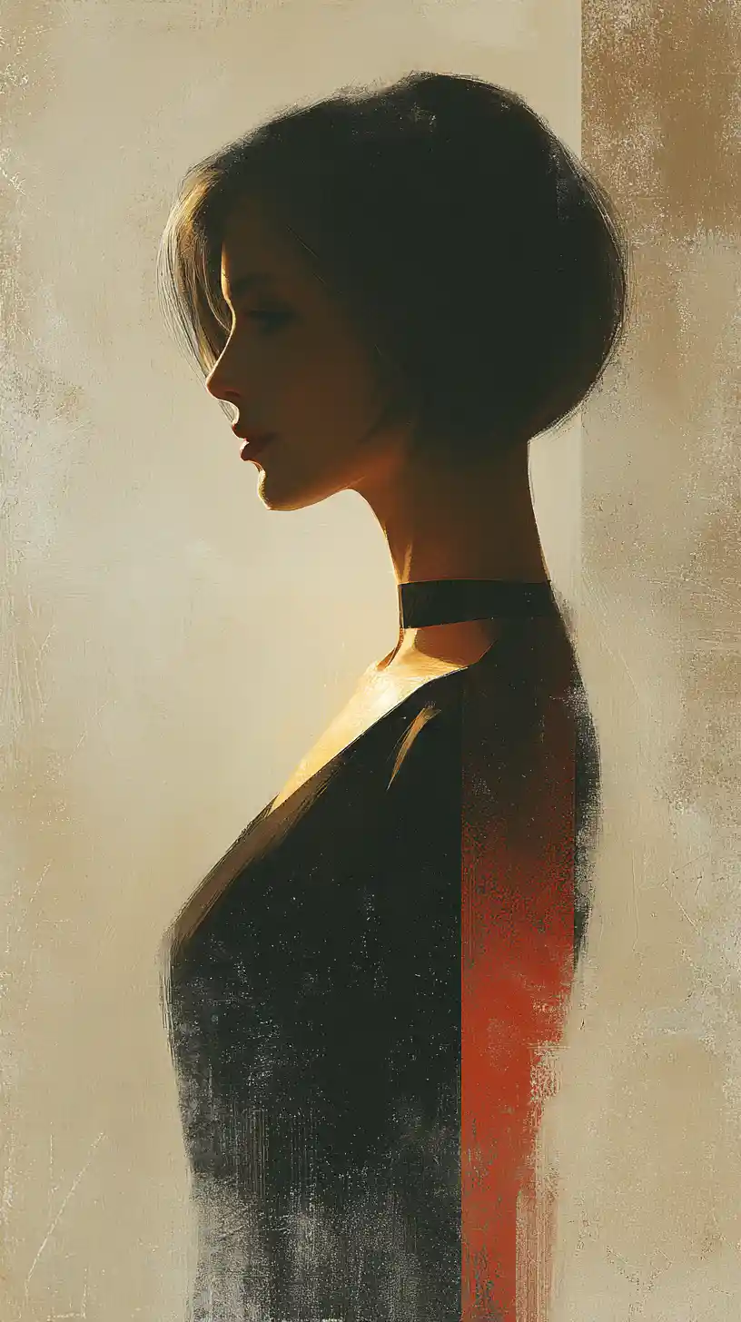 Moody painterly portrait with dramatic rim lit profile shadow