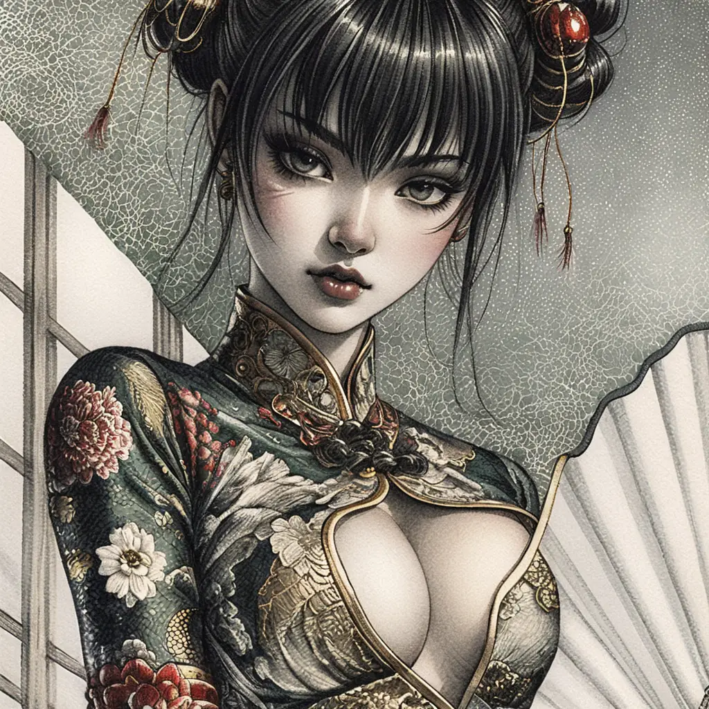 Dark haired woman in emerald cheongsam with fan