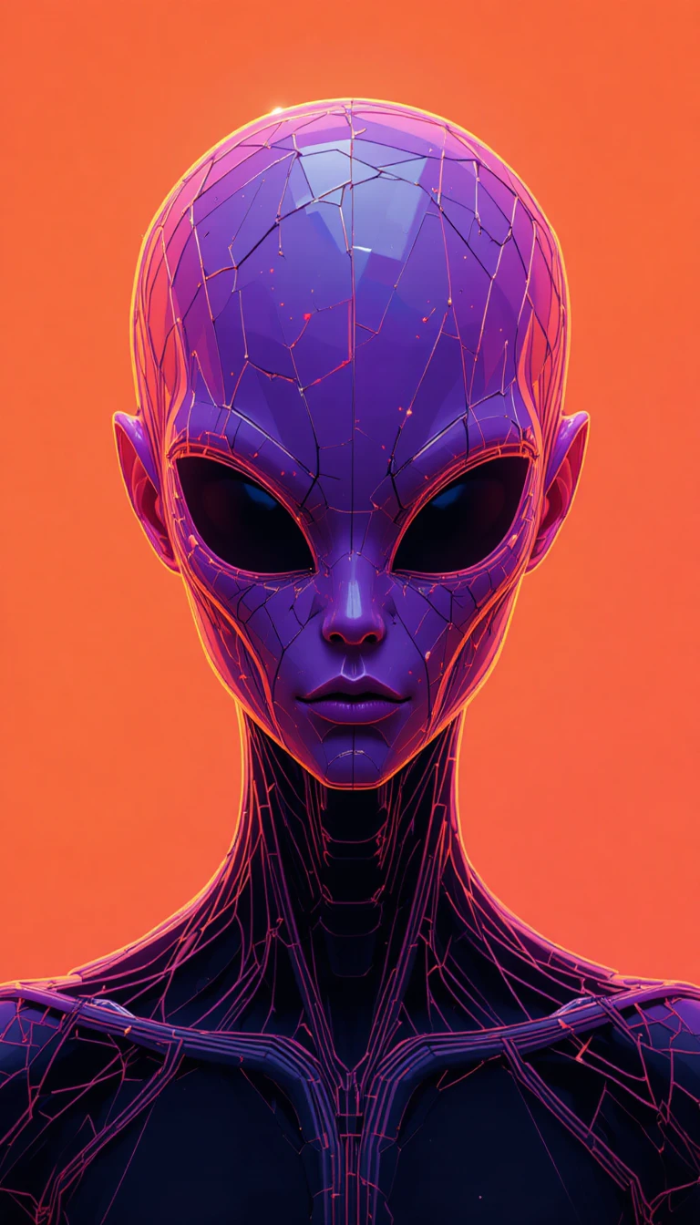 Minimalist Neon Purple Alien In Futuristic Wireframe Style