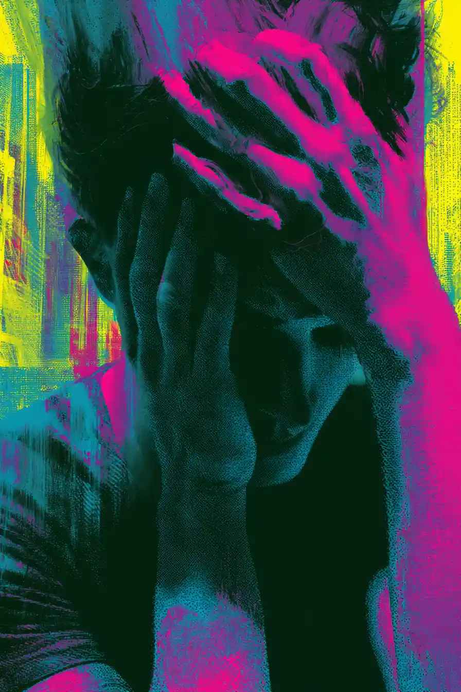 Overwhelmed mind in a neon soaked urban night scene