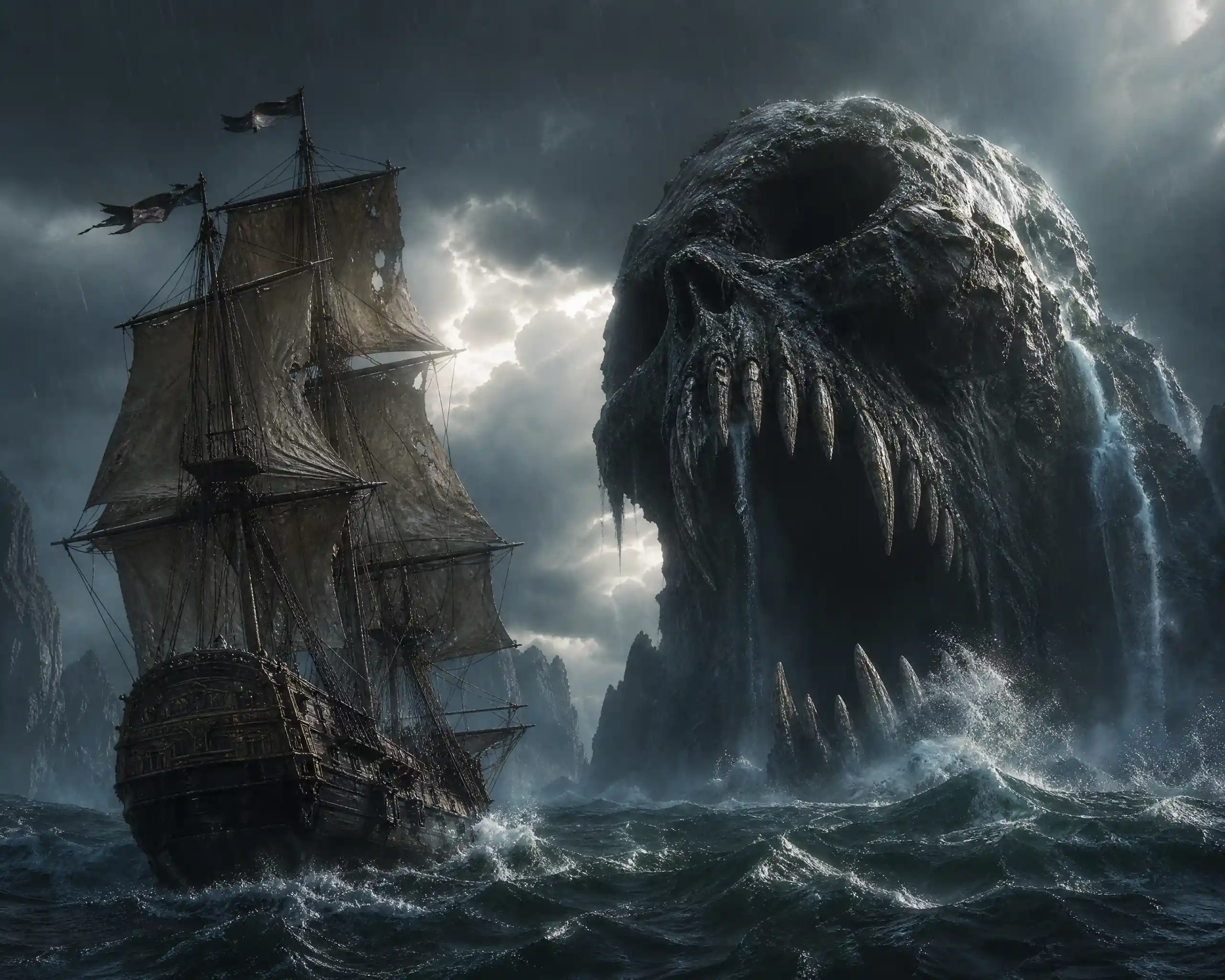 Tall ship faces colossal skull leviathan in stormy sea