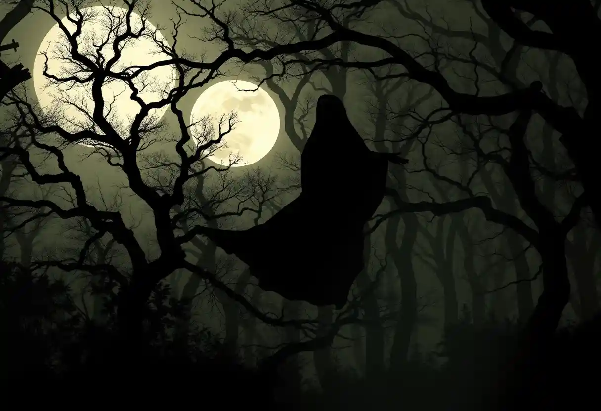 Mystical nun floating calmly in a moonlit ancient forest