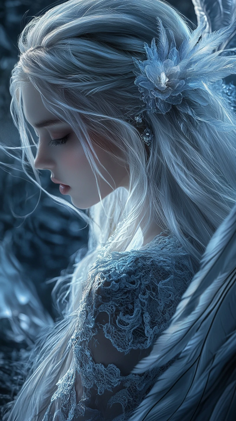 Ethereal angelic woman in a shadowy forest profile