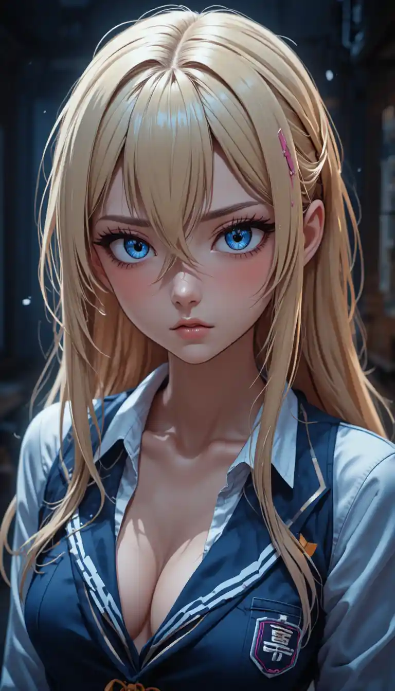 Tanned anime schoolgirl portrait in moody low key light