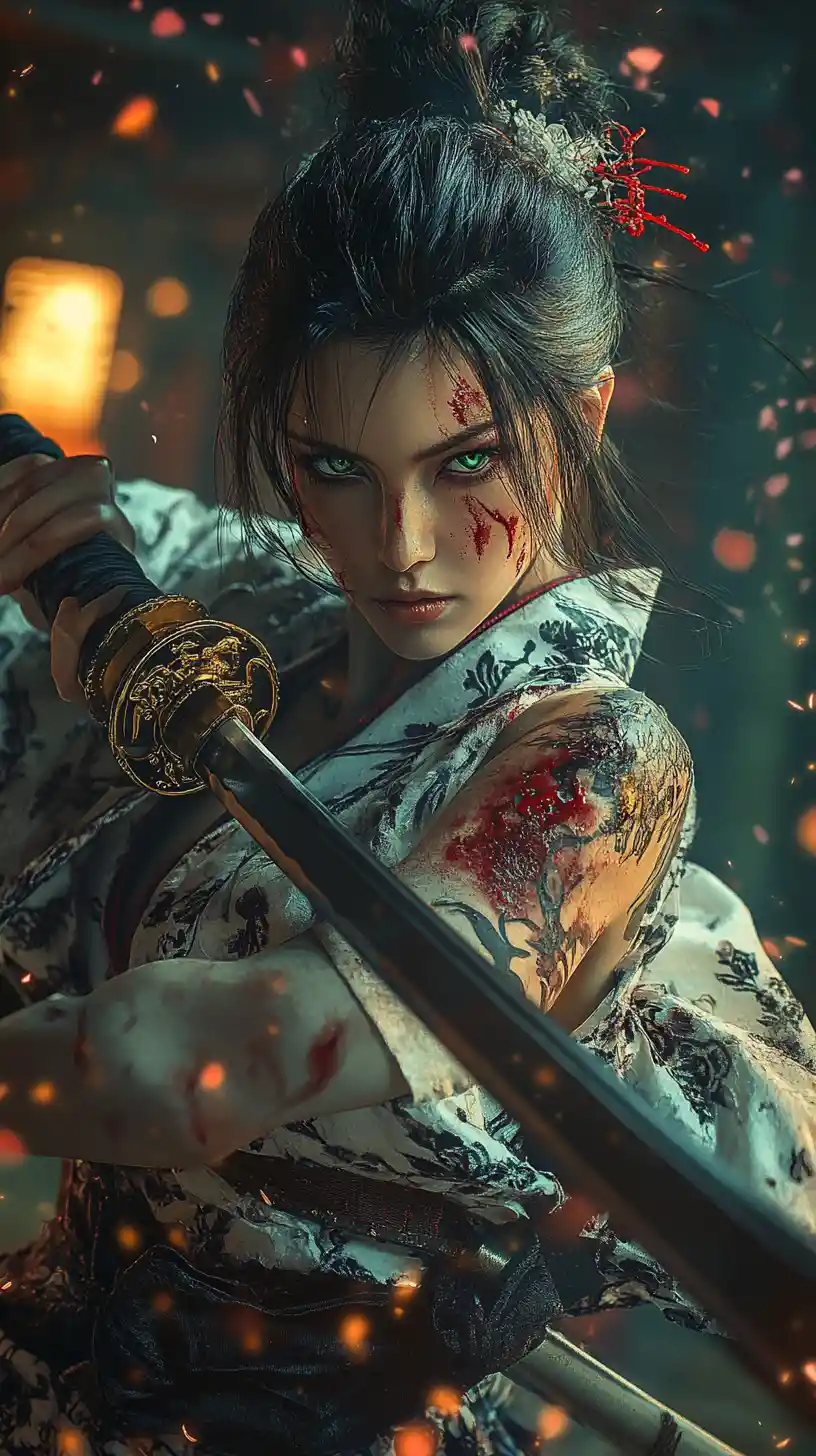 Fierce female samurai drawing her katana amid falling petals