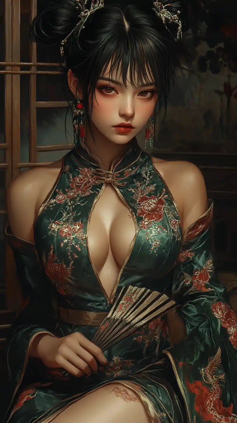 Dark haired woman in emerald cheongsam with folding fan