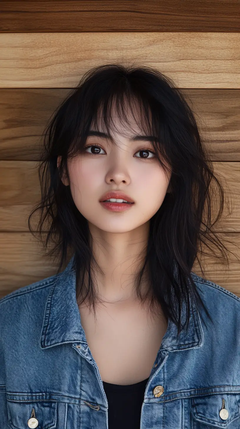 Colored pencil portrait of a young asian woman in denim jacket