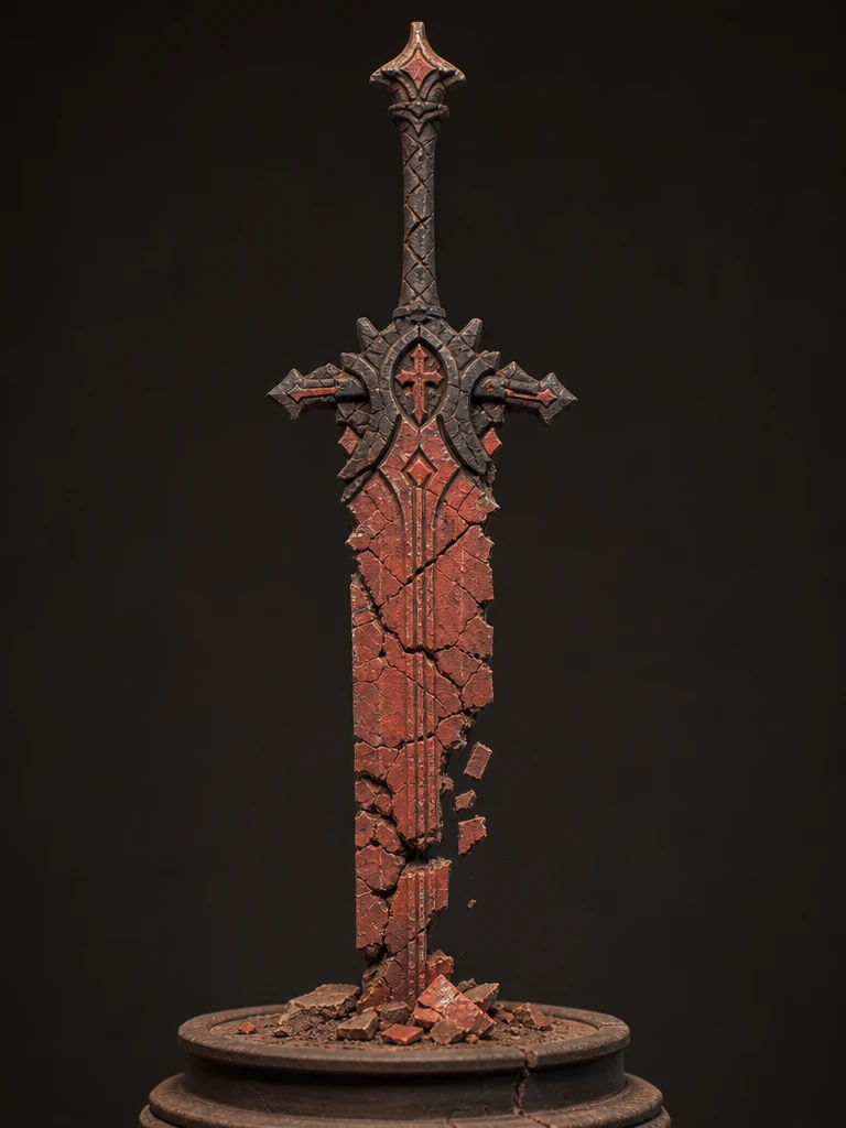 Cracked Clay Sword On Pedestal Under Dramatic Spotlight