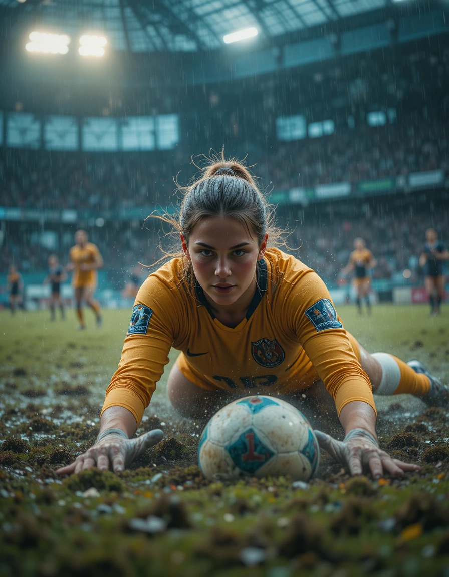 Female goalie diving in the rain to save a decisive goal
