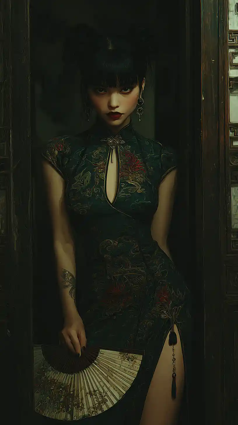 Dark fantasy woman in emerald cheongsam with folding fan