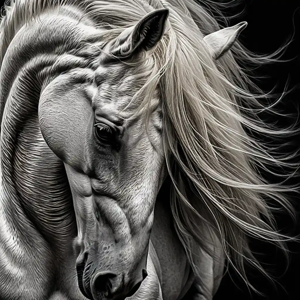 White arabian horse portrait in dramatic scratchboard style