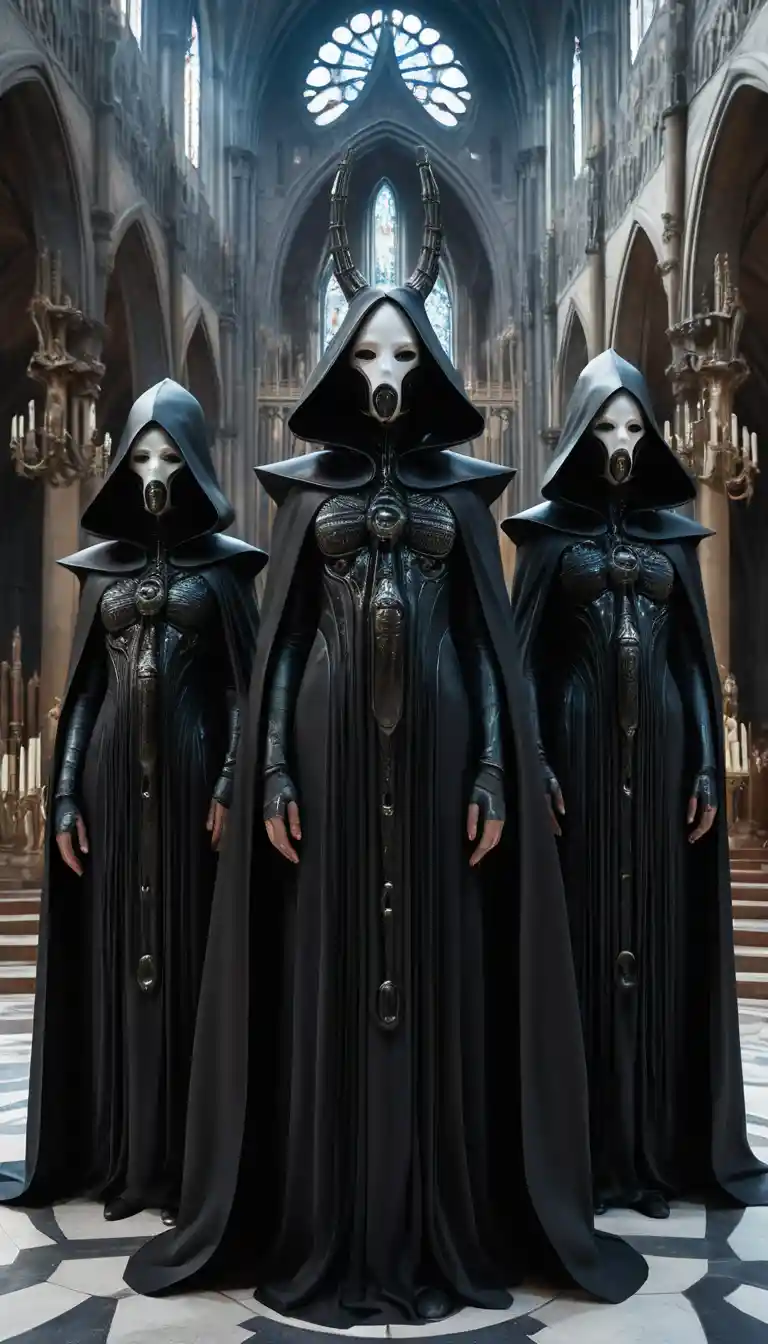 High priestess in living latex cathedral with attendants