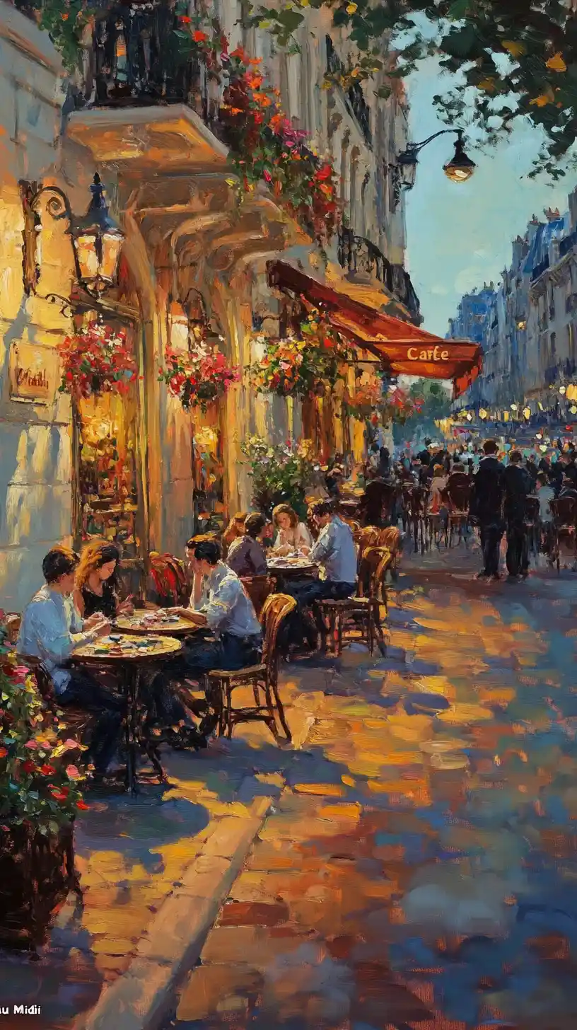 Paris street cafe at golden hour with lively terrace scene
