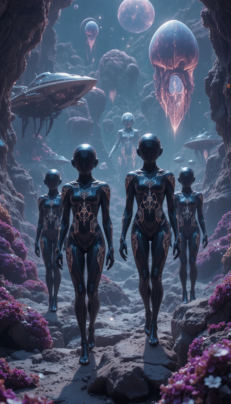 Alien pilgrims drifting through a surreal cosmic ocean