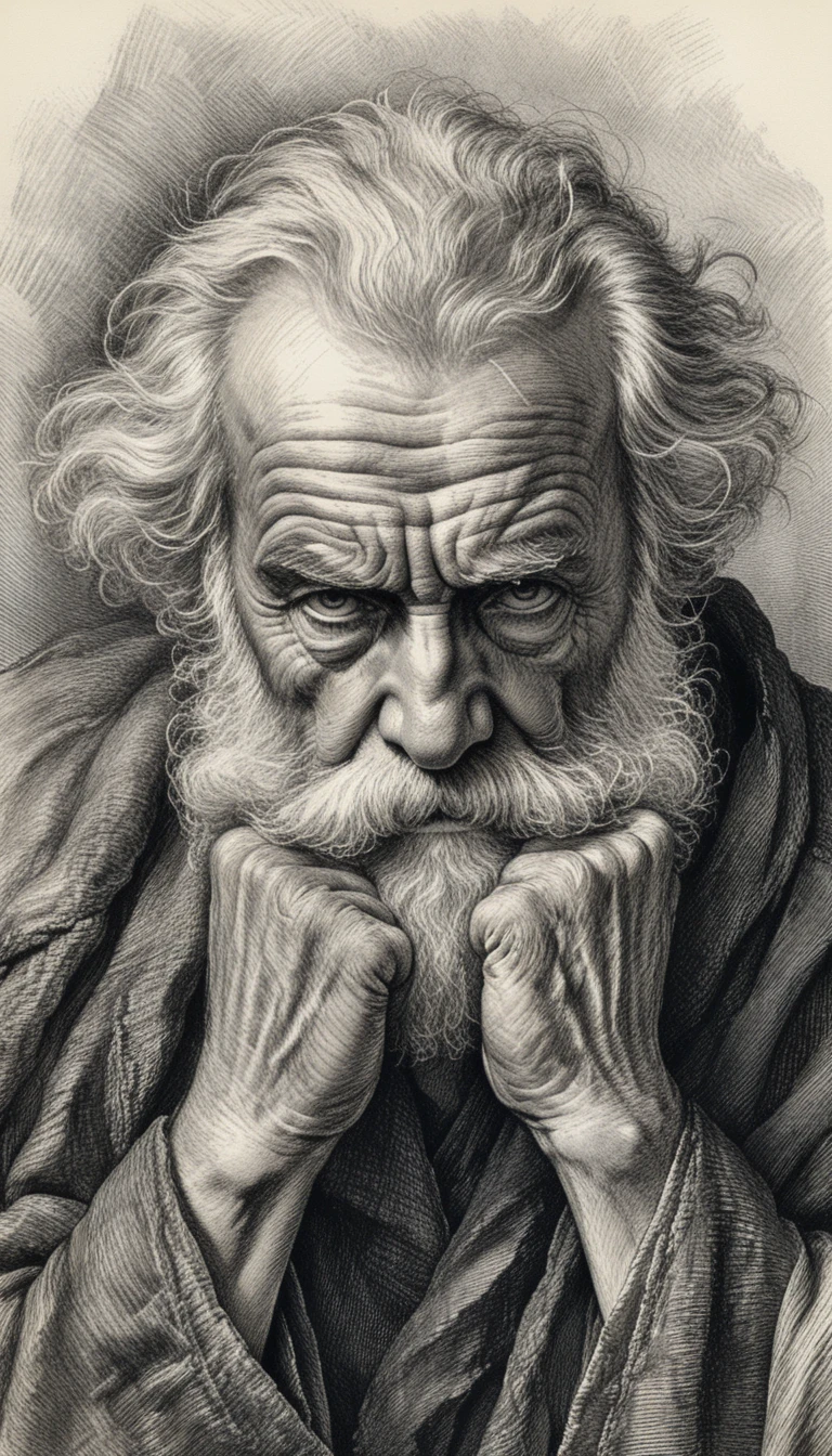 Engraved portrait of a thoughtful old man in deep contemplation