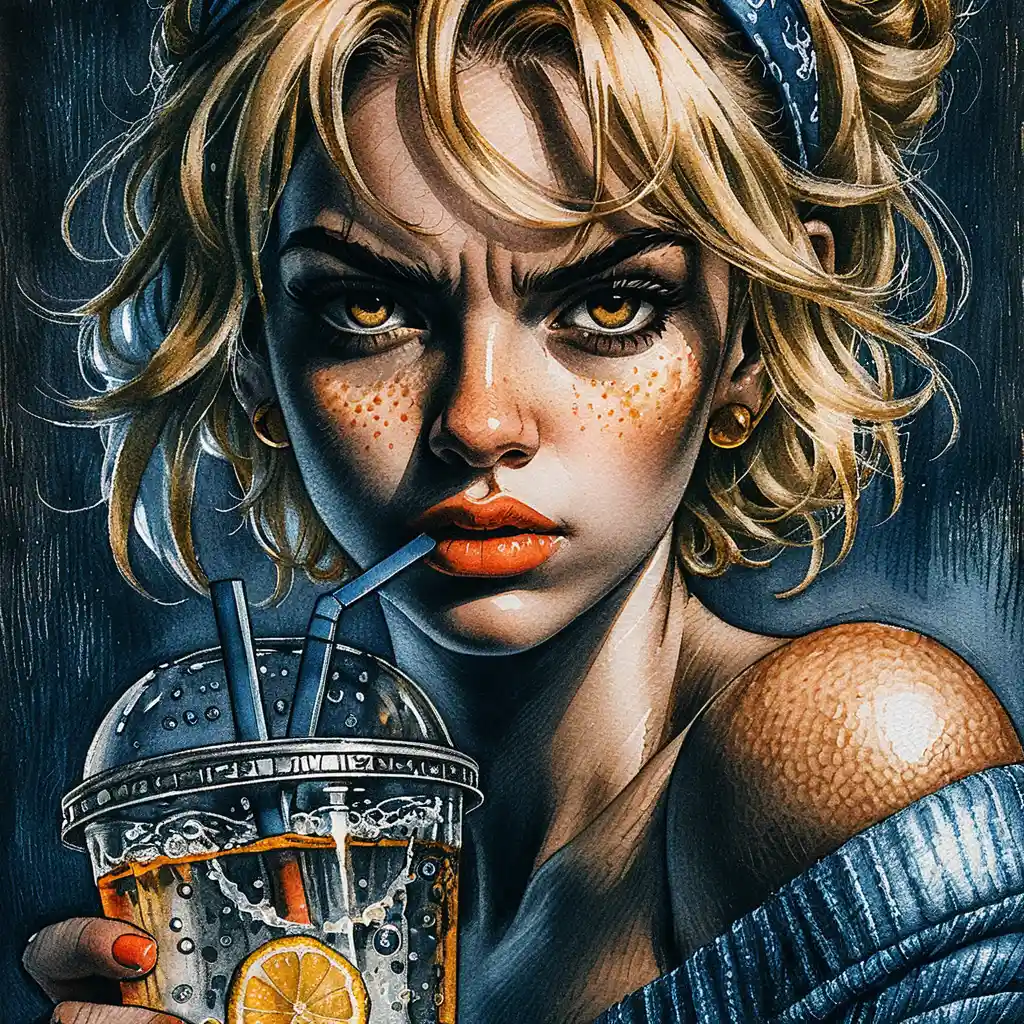 Defiant girl portrait sipping lemonade in warm chiaroscuro