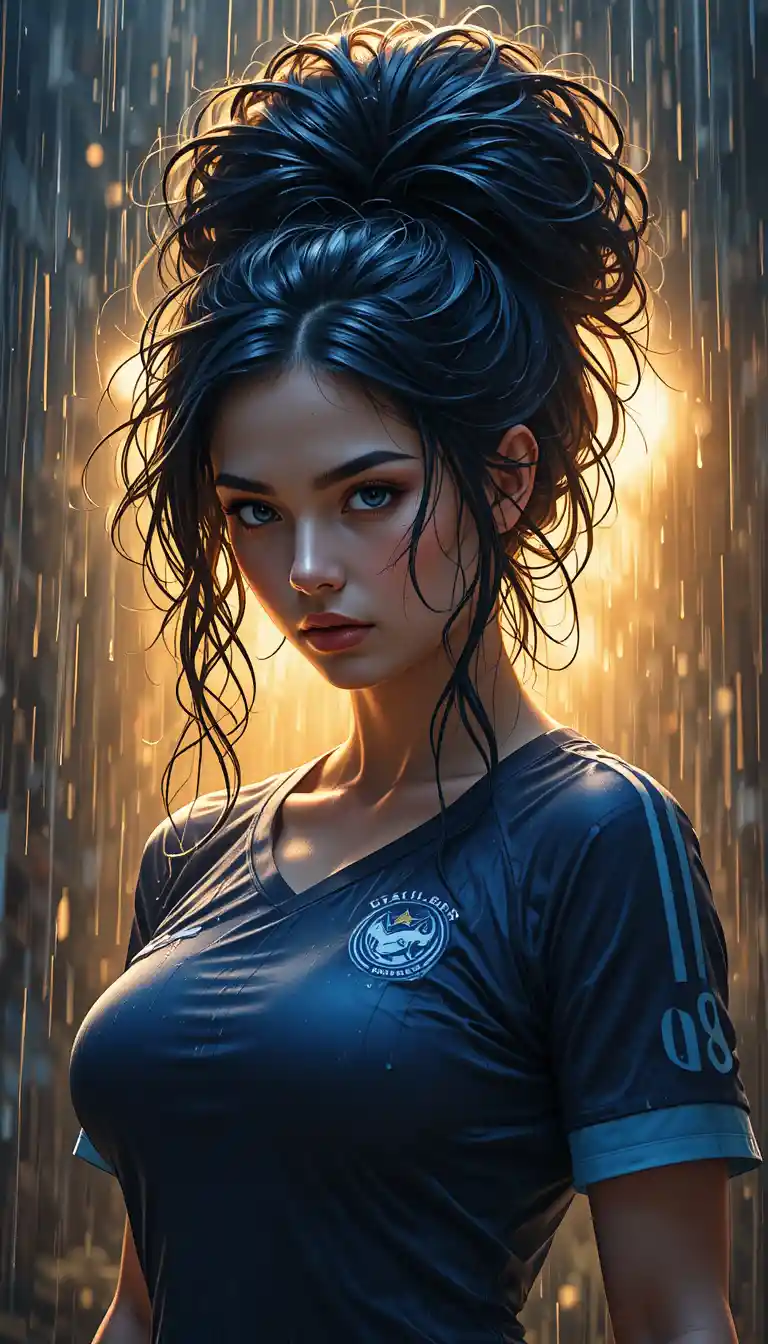 Mystical anime soccer woman in rain with messy dark bun