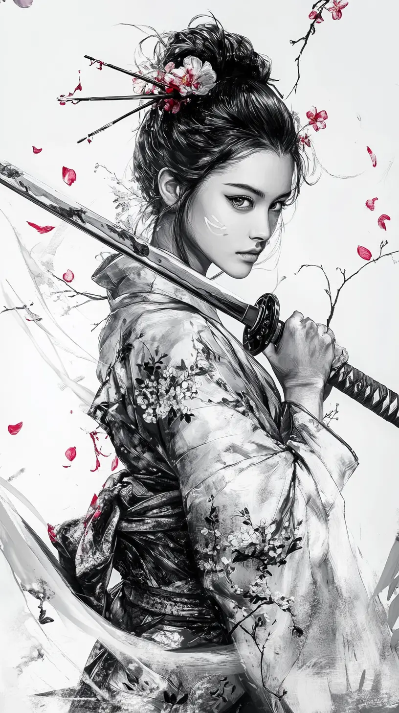 Female samurai in kimono defending with katana amid blossoms