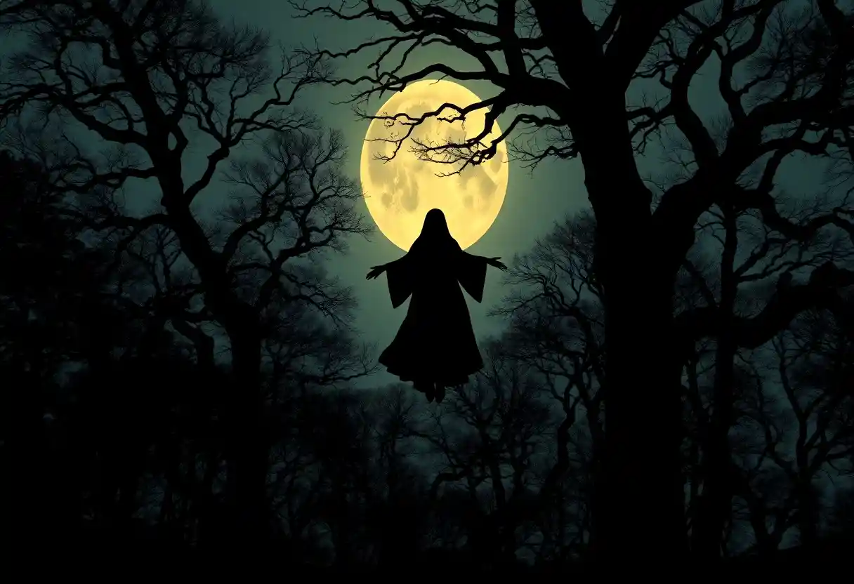 Mystical nun floating calmly under the luminous full moon