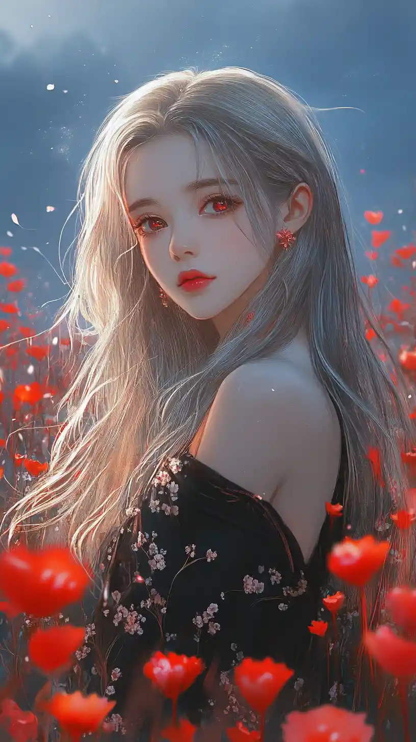 Silver haired anime woman in red spider lily field at sunset