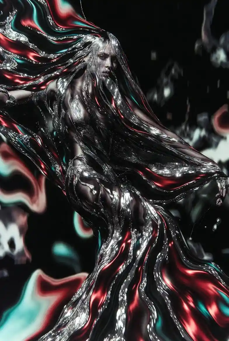 Surreal fashion woman in obsidian shadows and silver